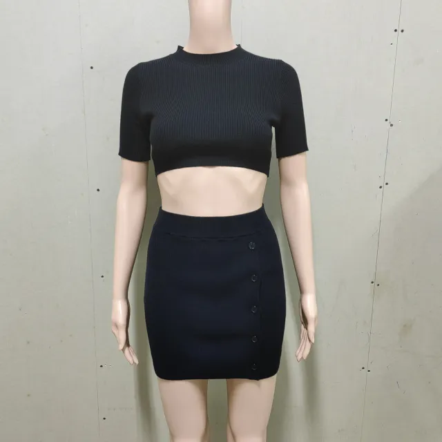Women's Knitted Midriff baring Knitted Sweater Top Split Button Skirt Black - Shop at LoveMi