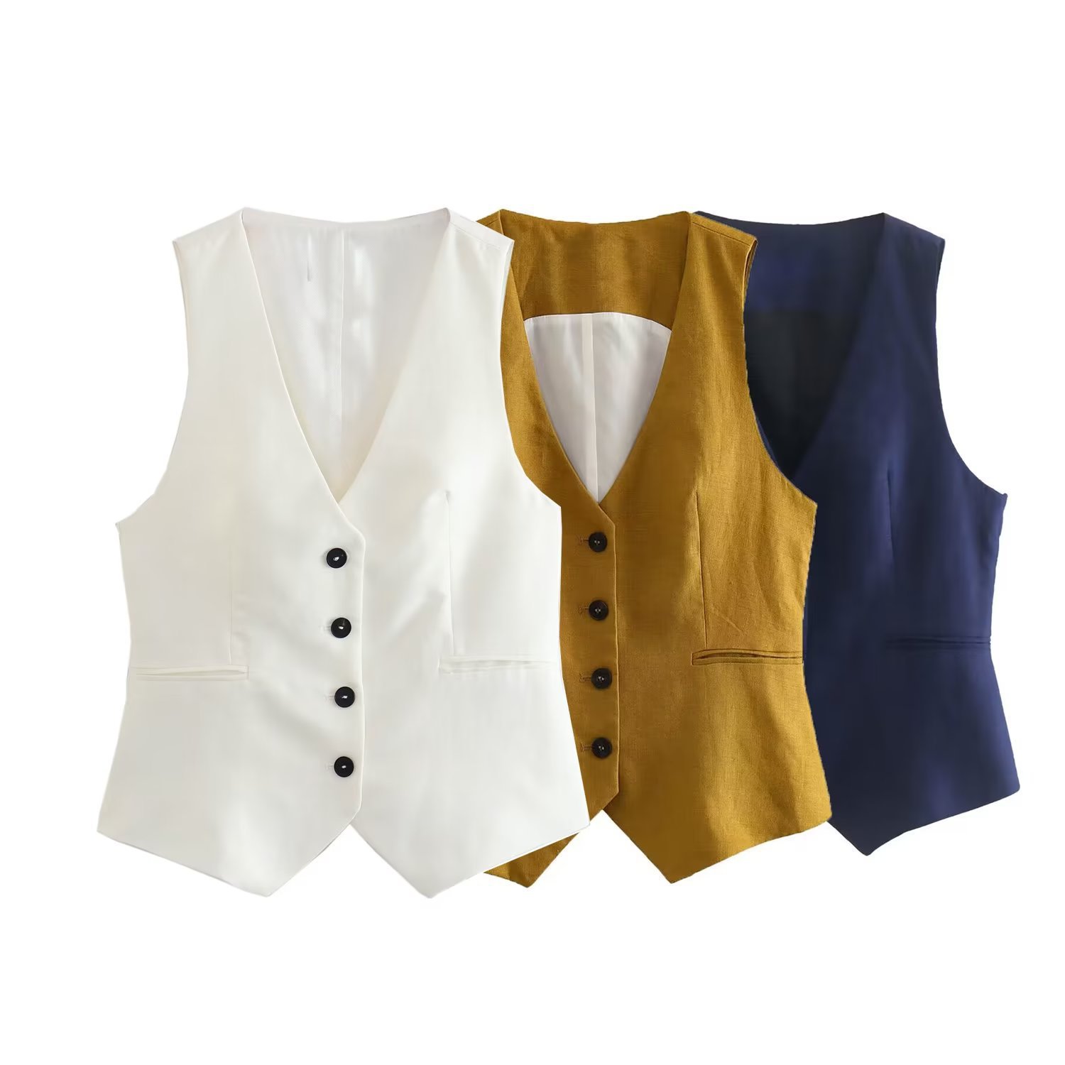 Linen Double Breasted Coat Vest Lines Straight-leg Pants Female Suit - Image 4