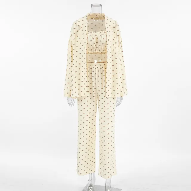 Heart Printing Cotton Pajamas Women's Long sleeved Tube Top Trousers Apricot - Shop at LoveMi