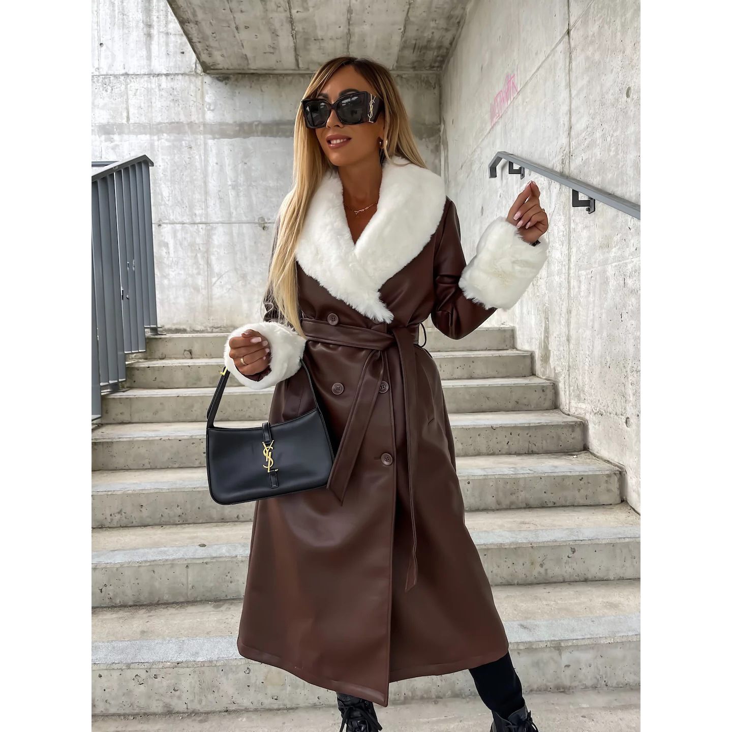 Casual Lace Up Fashion Fur Collar Pocket Loose Leather Coat Brown - Shop at LoveMi