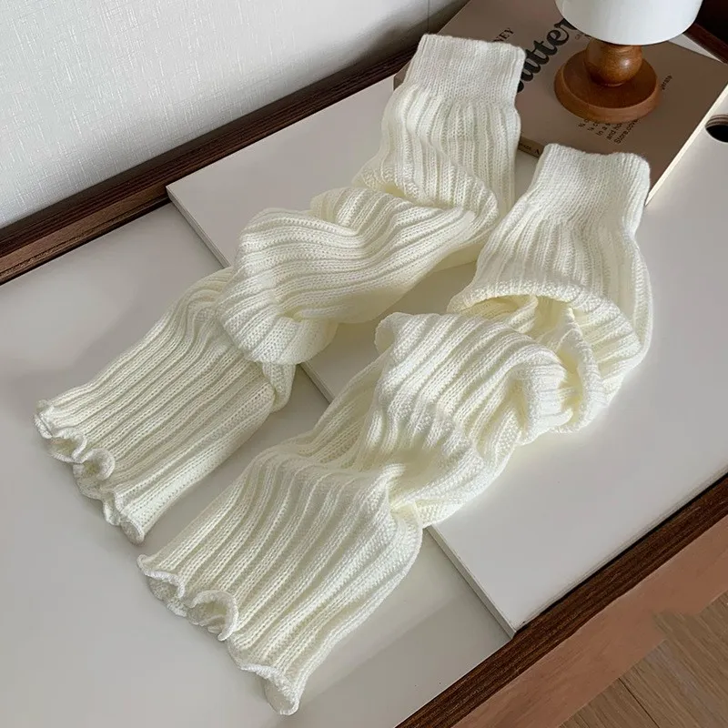 Women's Bunching Socks Striped Knitted Leg Warmers - White