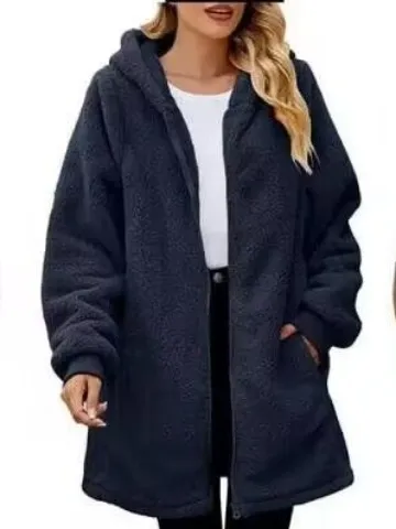 Loose Plush Women's Long Sleeve Hooded Zip Cardigan Coat Blue - Shop at LoveMi
