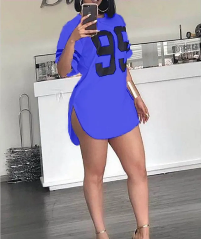 Round Neck Numbers Printed Split Short sleeved T shirt Women Blue - Shop at LoveMi