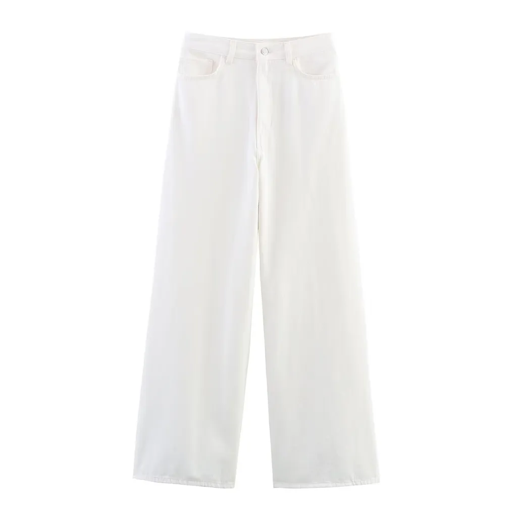 Women's Puff Sleeves Denim Shirt Jeans Suit - White Pants A03