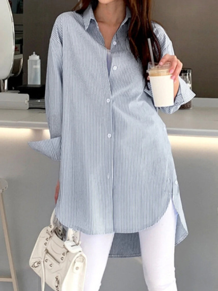 Striped Lapel Long Sleeve Loose Women's Shirt