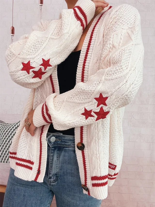 Street Arm Embroidery Knitted Coat V collar Contrast Color Sweater White And Red - Shop at LoveMi