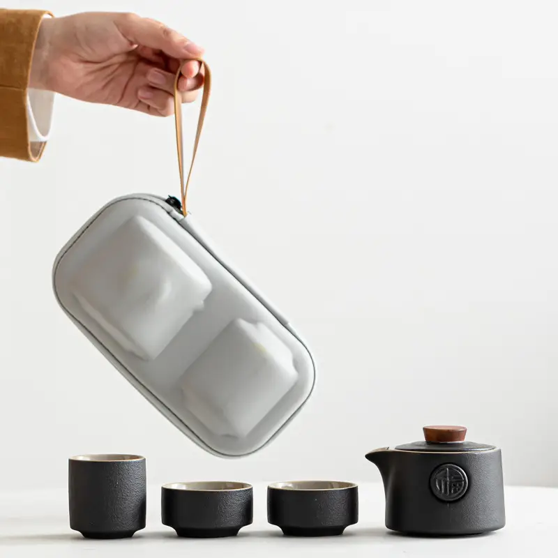 Travel Tea Set Ceramic Black Porcelain Portable Household Teapot Suit