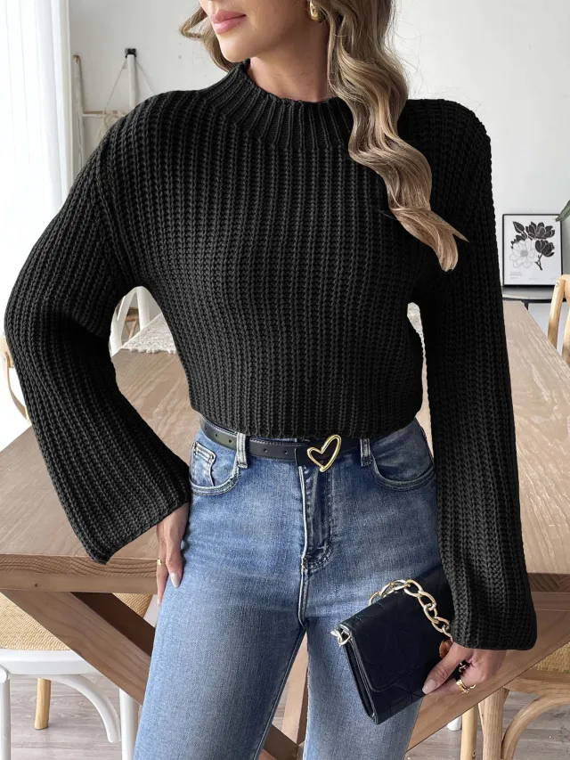 Women's Short Navel Woven Bell Sleeve Half Turtleneck Pullover Black - Shop at LoveMi