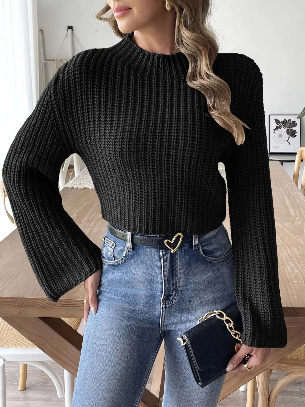 Women's Short Navel Woven Bell Sleeve Half Turtleneck Pullover - Black