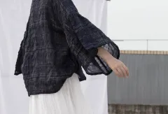 Spring And Summer Ramie Jacquard Hairline Rule Plaid Large Lotus Leaf Eight-quarter Sleeve Loose Blouse - Blue - View 1