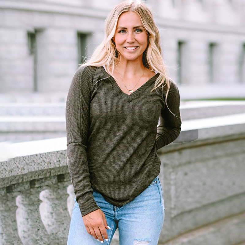 Simple Style V-neck Sunken Stripe Texture Pullover