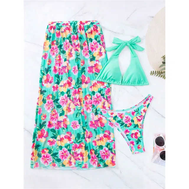 Sexy Split Swimsuit Swimming Suit High Slit Printed Three piece Set Green - Shop at LoveMi