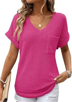 V-neck Summer Short Sleeve Waffle Pocket Shirt - Rose Red - View 1