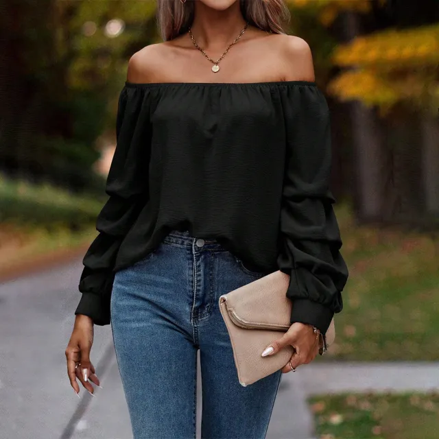 Elegant Women's T shirt Off shoulder Long Sleeve Top For Autumn And Winter Versatile And Shows Collarbone Black - Shop at LoveMi