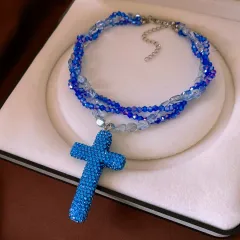 Multi-layer Micro Glass Bead Beaded Diamond-studded Necklace - Blue - View 1