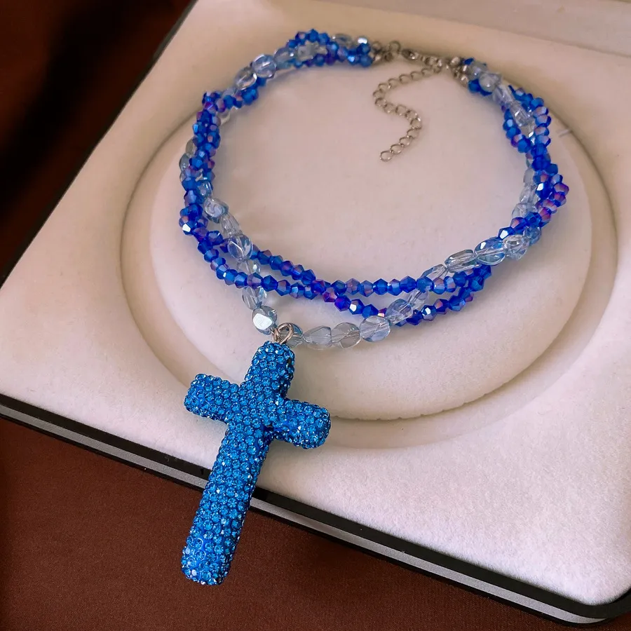 Multi-layer Micro Glass Bead Beaded Diamond-studded Necklace - Blue