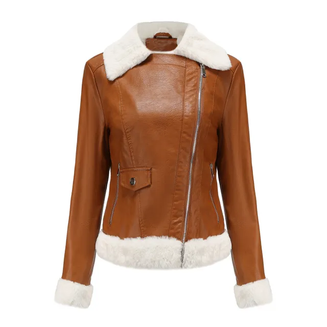 Fleece Leather Jacket Female European Code Warm Long Sleeves Turn down Collar Coat Camel - Shop at LoveMi
