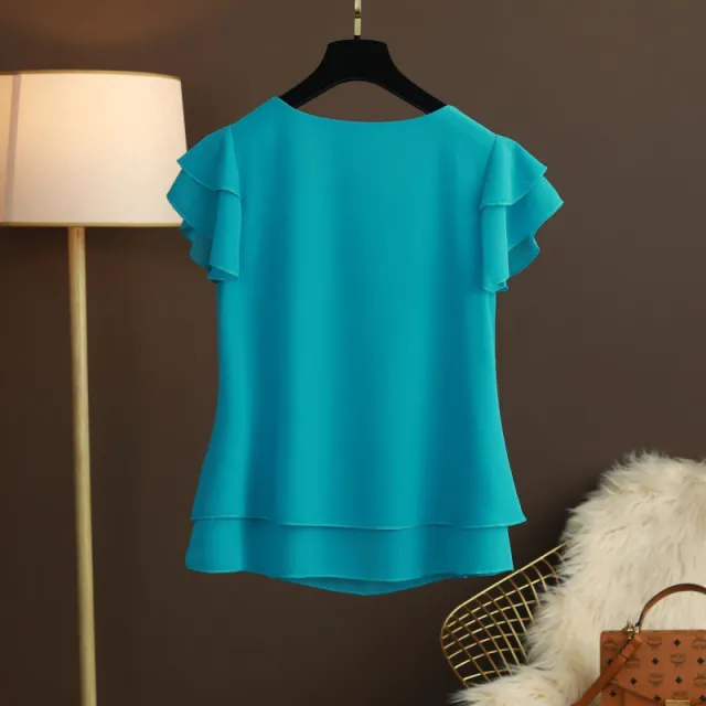 Chiffon Top T shirt Loose fitting Western Style Blouse Blue - Shop at LoveMi