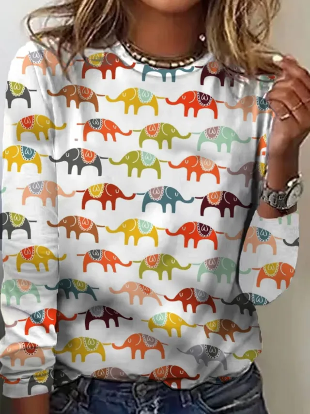 Spring And Autumn Round Neck Loose Long sleeved Shirt Printed Women's Top T shirt Apricot - Shop at LoveMi