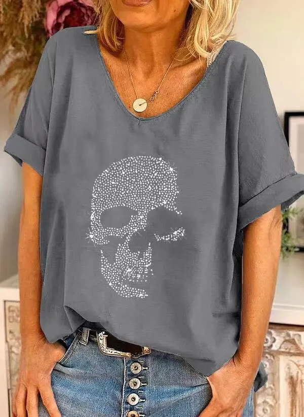 Women's Plus Size Loose Bead T shirt Top Short Sleeve Gray - Shop at LoveMi