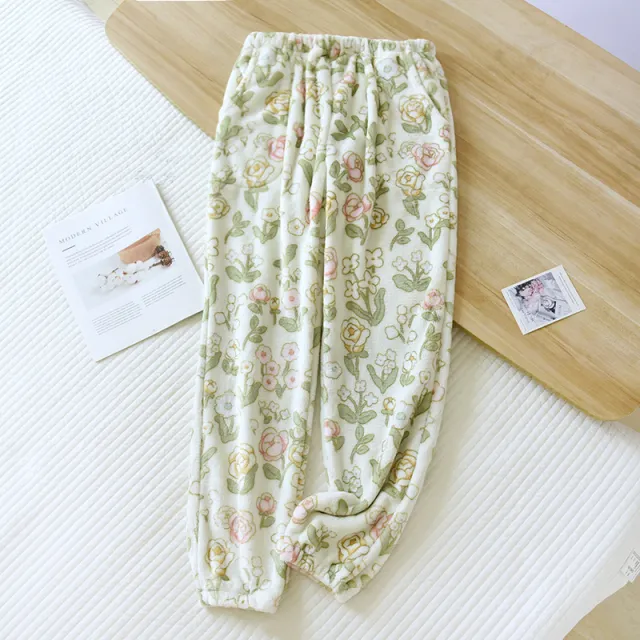 Women's Autumn And Winter Fleece lined Thick Coral Fleece Warm Pants Flannel Home Pants Small Wildflower - Shop at LoveMi