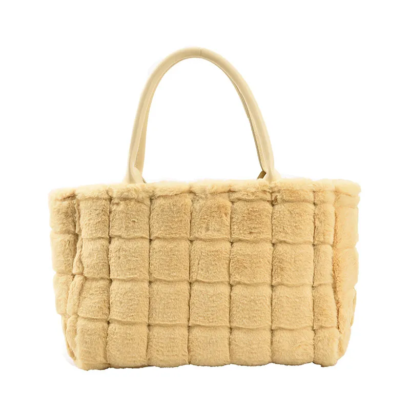 Sweet Small Square Bag Plush Plaid Portable Women - Yellow