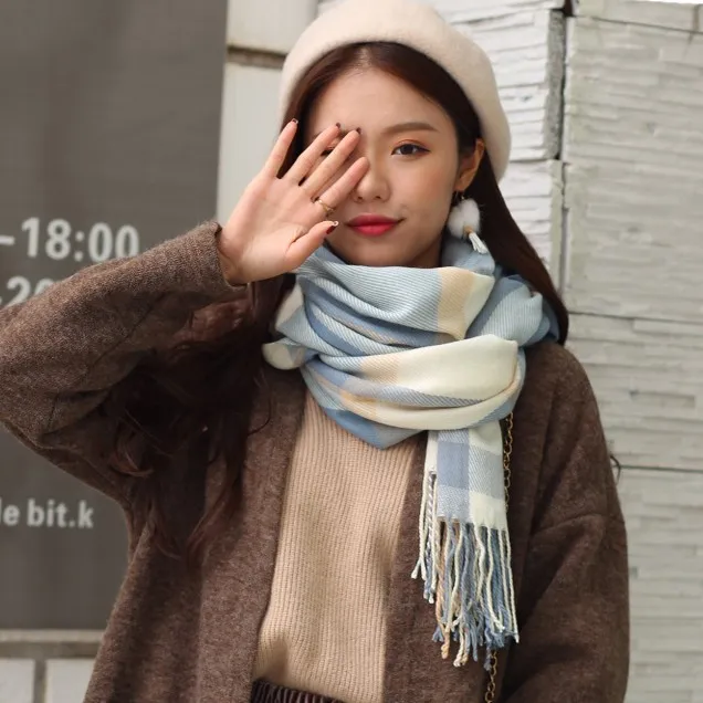 Women's Cashmere like Thermal Plaid Scarf Elegant Blue - Shop at LoveMi
