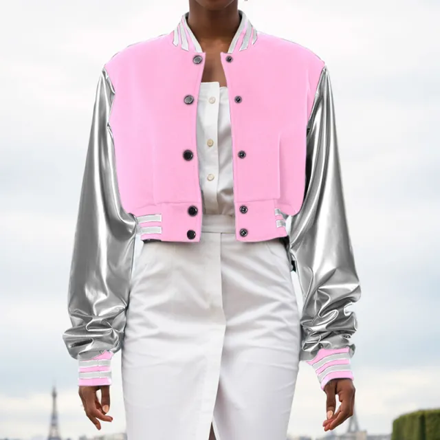 Solid Color Casual Button Long Sleeve PU Leather Baseball Uniform Pink - Shop at LoveMi