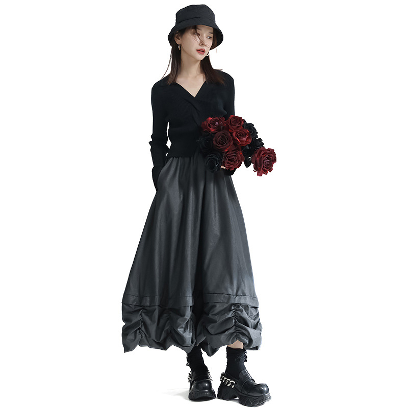 Pleated Bud Solid Color Umbrella Skirt