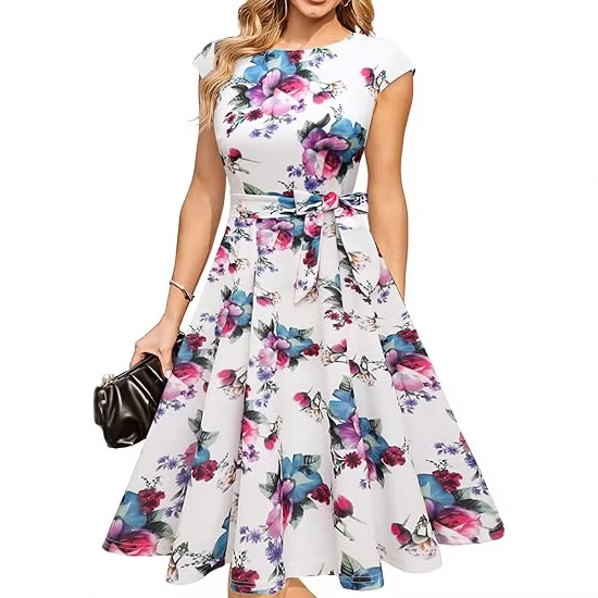 Elegant Round-neck Sleeveless Tie-waist Printed Dress