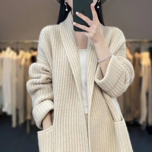 New Lazy Wind Mid length V neck Sweater Coat Women Beige - Shop at LoveMi