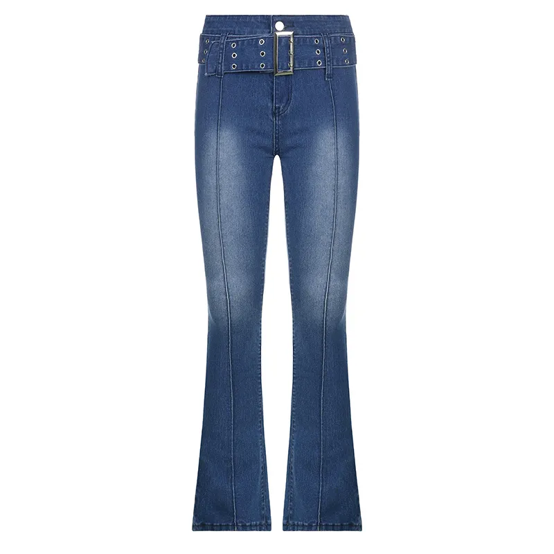 Retro Distressed Washed Belt Slimming Jeans - Blue
