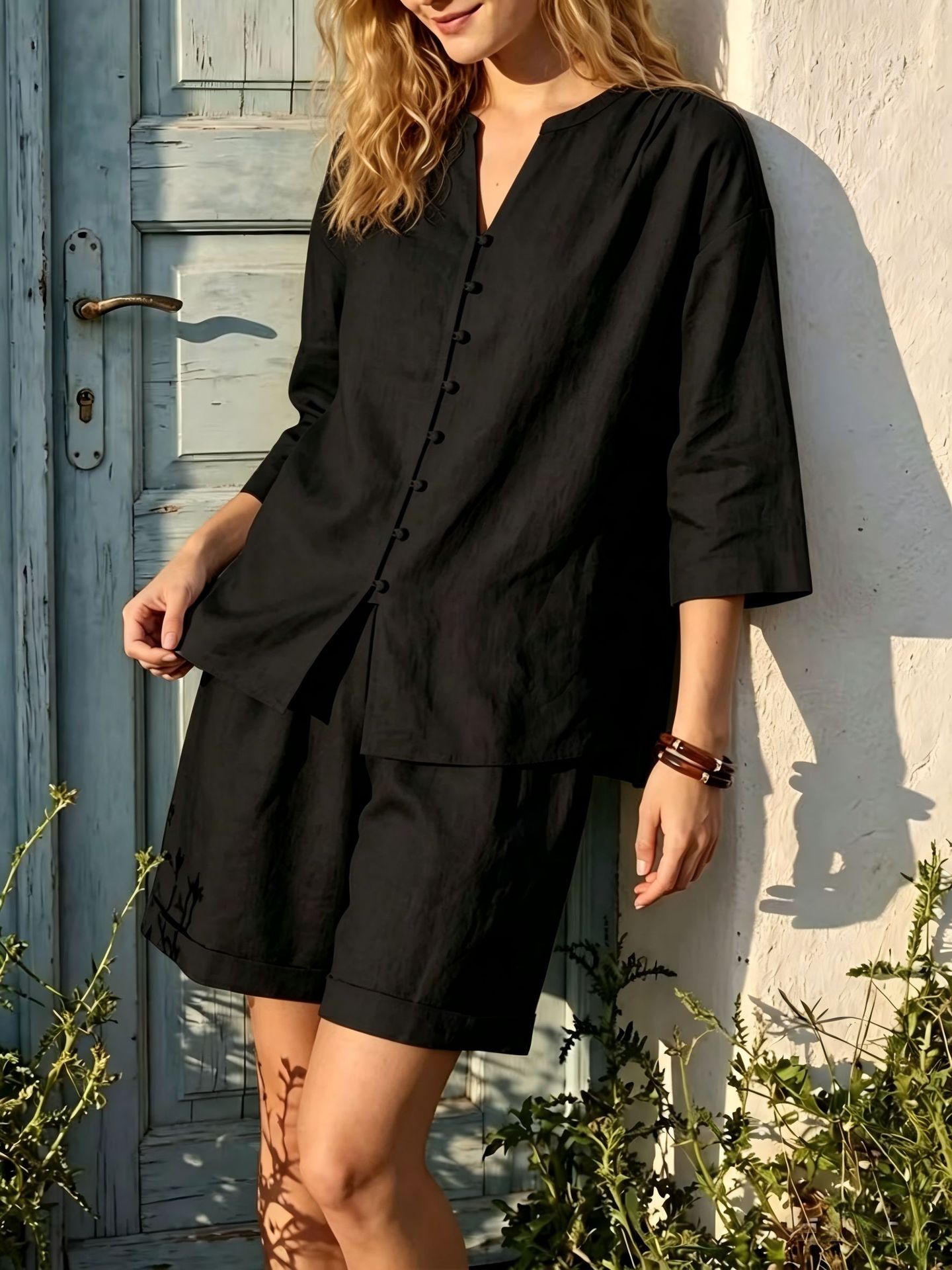 Women's V-neck top and shorts set – lifestyle styling