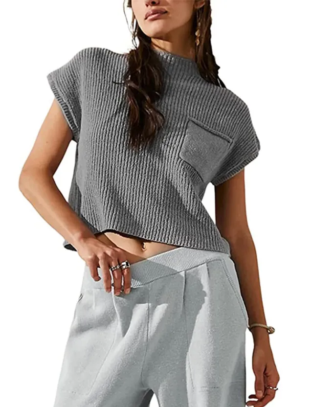 Women's Knitted Sleeveless Pocket Casual Rib Pullover Vest Gray - Shop at LoveMi