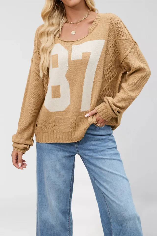 Women's Digital Contrast Color Knitted Pullover Loose fitting Long Sleeves Sweater Khaki - Shop at LoveMi