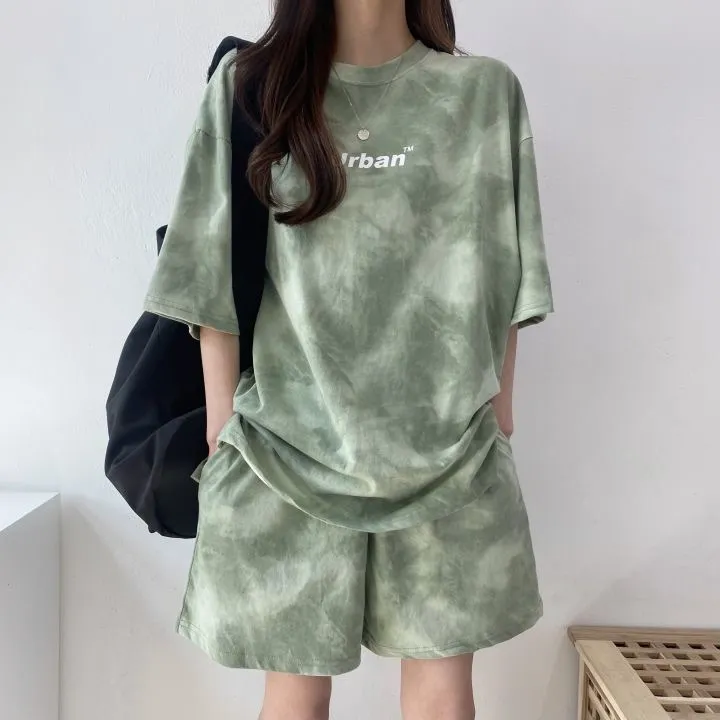 Women's Casual Two-piece Set With Top And Shorts - Green