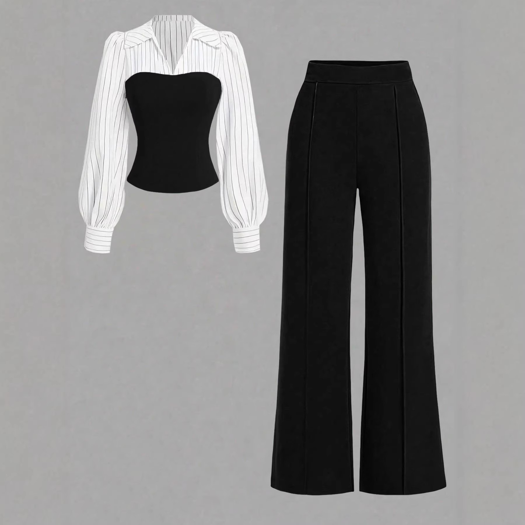 V-neck, Waist-cinching Patchwork Shirt And Pants Set 2-piece