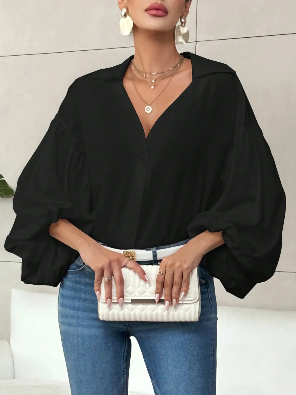 Niche Fashionable French Polka Dot Half-open Collar Design Loose Bubble Long Sleeve Top - Black