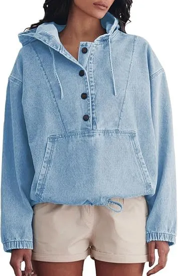 Women's Fashion Denim Hoodie Button Pullover Jacket Light Blue - Shop at LoveMi