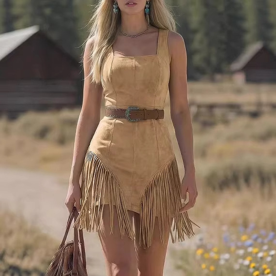 Cowboy Style Suede Fringe Slim-fit Long Sleeve Dress thumbnail 3