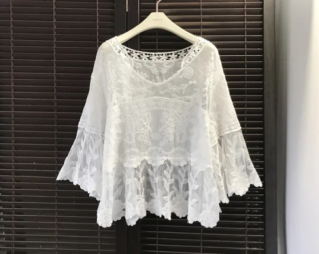 Summer Oversized Knitted Cardigan Cotton Lace Shirt Shawl White - Shop at LoveMi