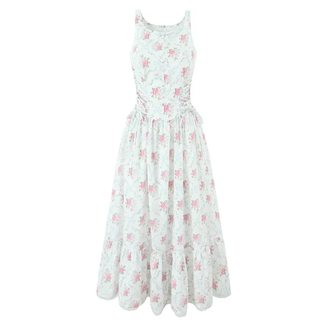 New Summer Cream Rose Printed Lace Up Mid length Sling Dress - Shop at LoveMi