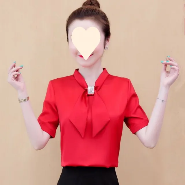 Spring And Autumn Satin Shirt Graceful Bow Lace up Top Color Short Sleeve L - Shop at LoveMi