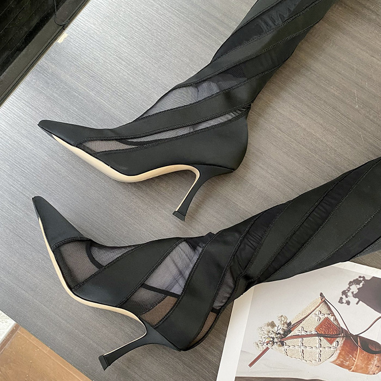 Pointed High Heel Elastic Thread Stitching Mesh Long Tube Over The Knee Boots