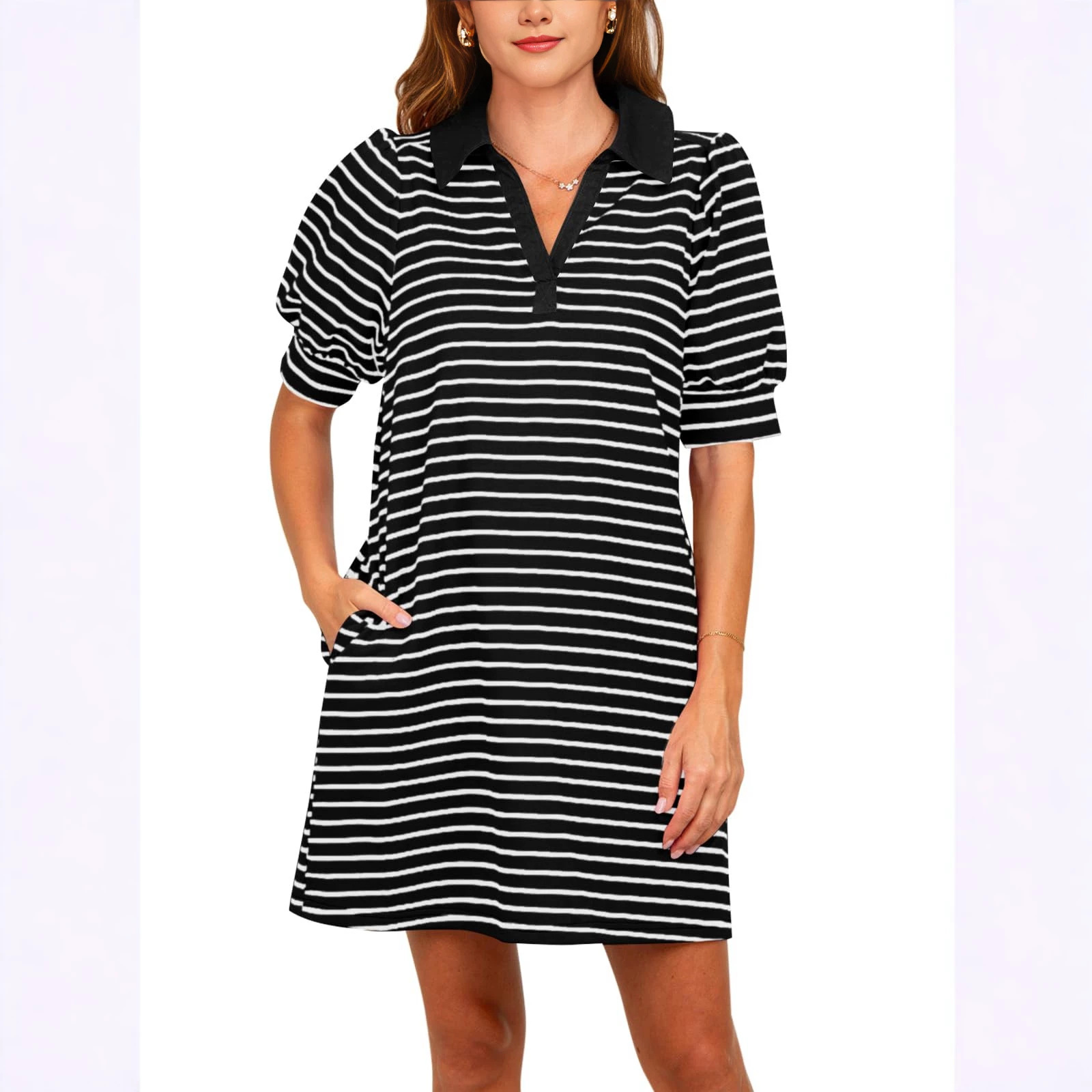 Womens Casual Striped Dress With A Lapel Collar And Pockets