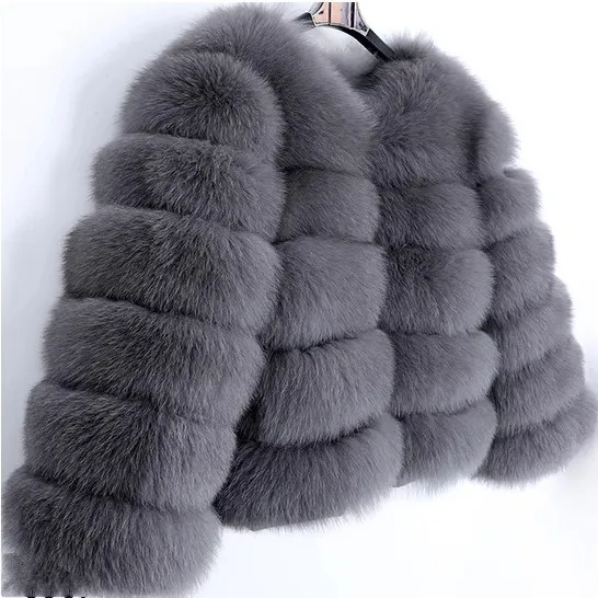 Faux Fox-fur Patchwork Thickened Warm Fur Coat - Grey