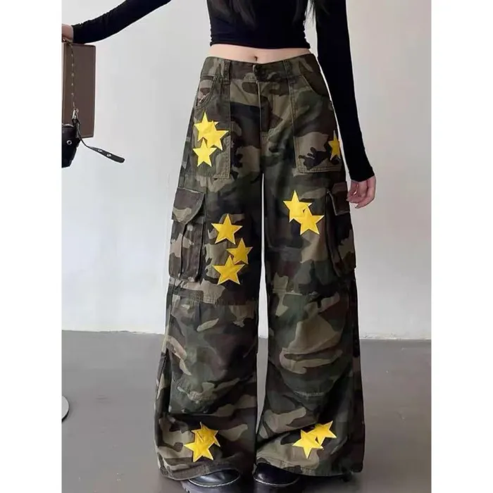 American Retro Workwear Women's Loose Straight Wide Leg XINGX Camouflage Jeans - Camouflage-L