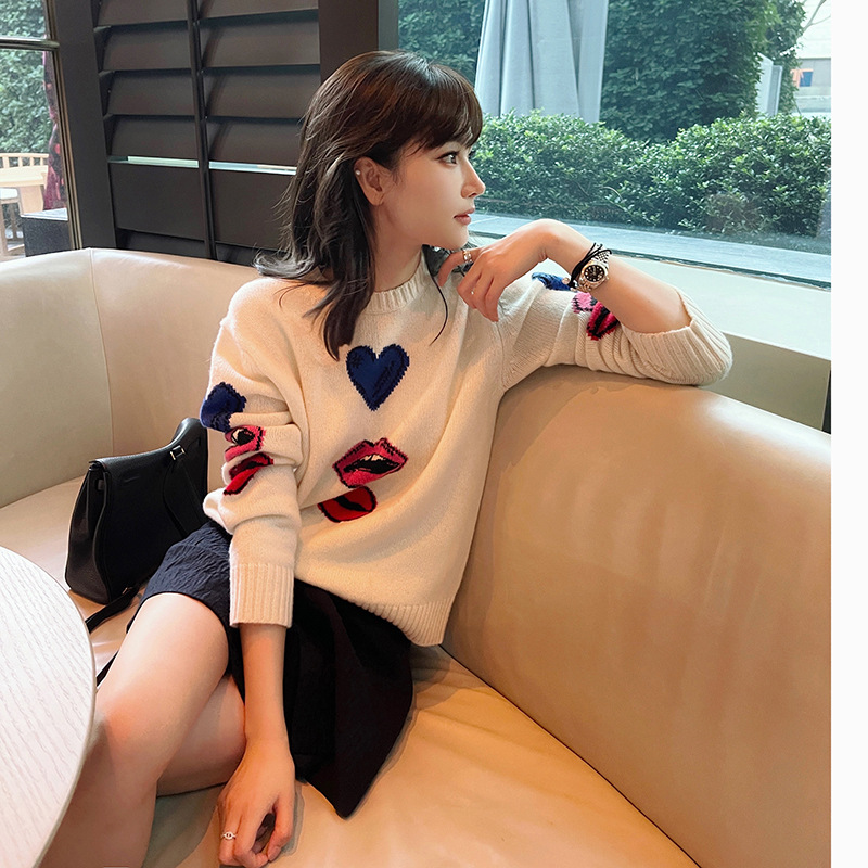 Heavy Handmade Jacquard Pattern Cashmere Round Neck Knitted Sweater For Women White - Shop at LoveMi