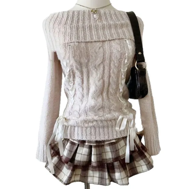 Sweet Gentle Fashion Off shoulder Strap Design Long Sleeve Sweater Pink - Shop at LoveMi