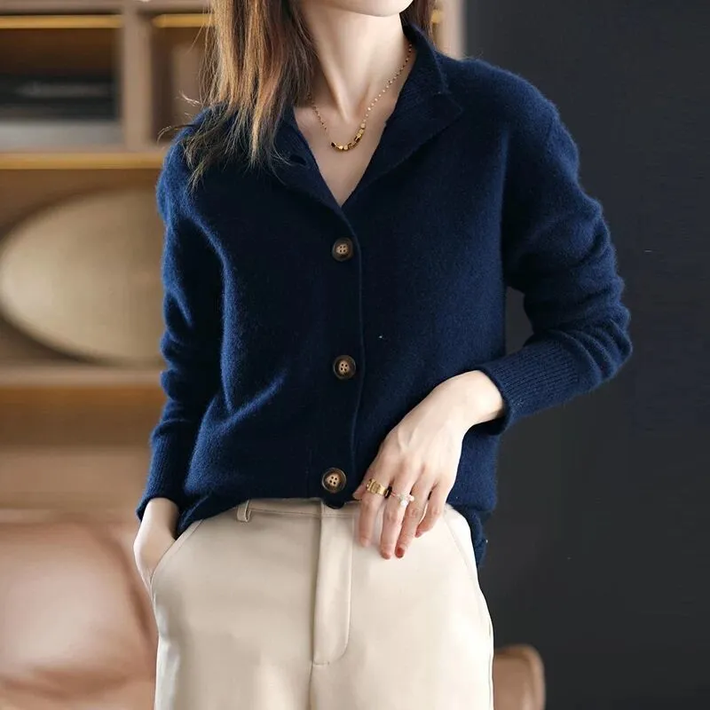 Retro Stand Collar Knitted Cardigan Loose-fitting Short Coat Women's Sweater - Navy Blue